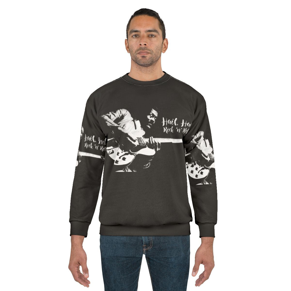 Vintage-style sweatshirt featuring "Hail Hail Chuck Berry" text and guitar graphic
