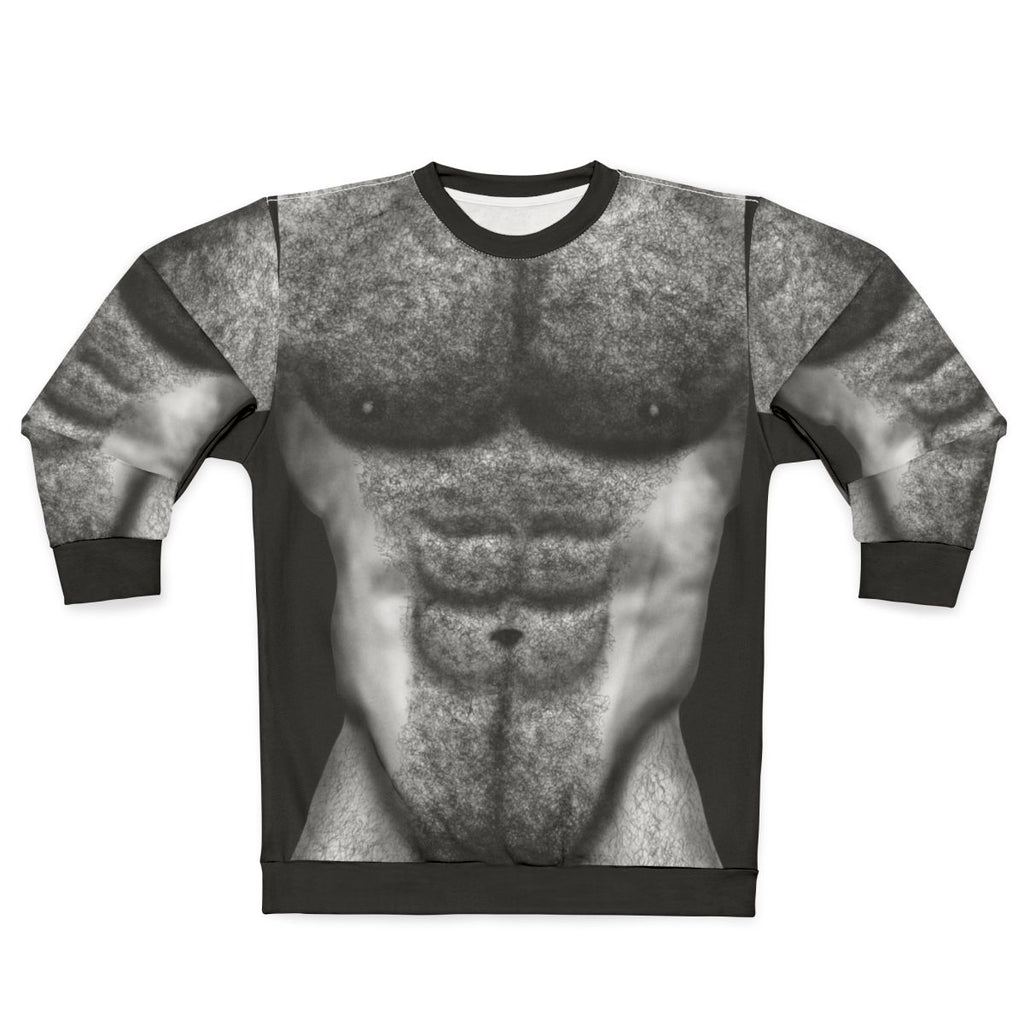 Hairy torso of a muscular male wearing a sweatshirt