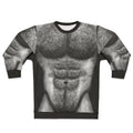 Hairy torso of a muscular male wearing a sweatshirt