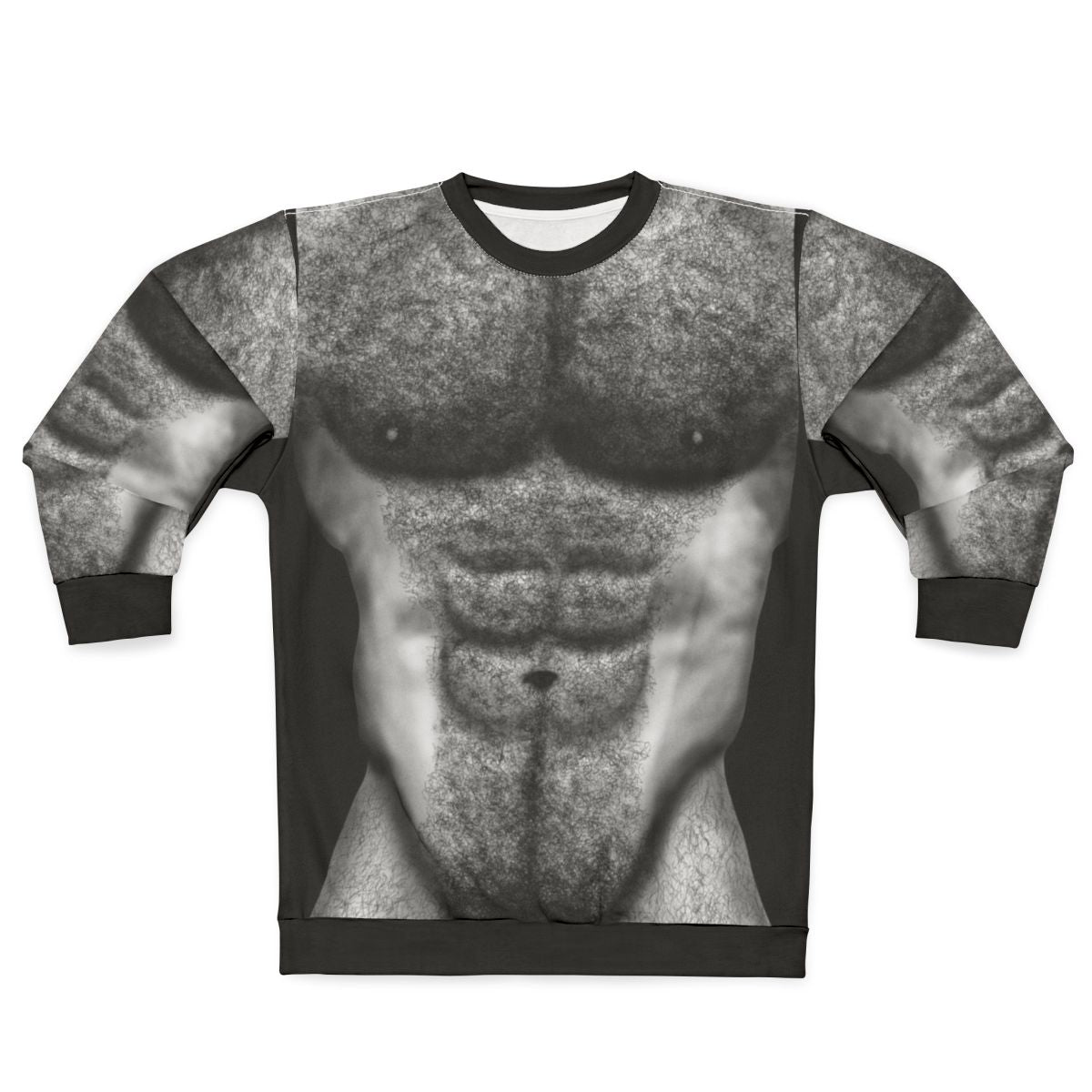 Hairy torso of a muscular male wearing a sweatshirt