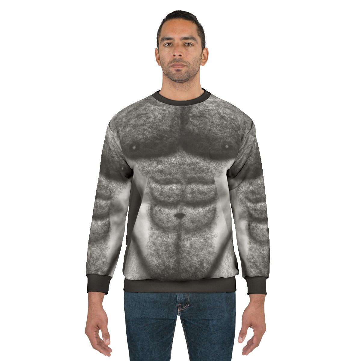 Hairy torso of a muscular male wearing a sweatshirt