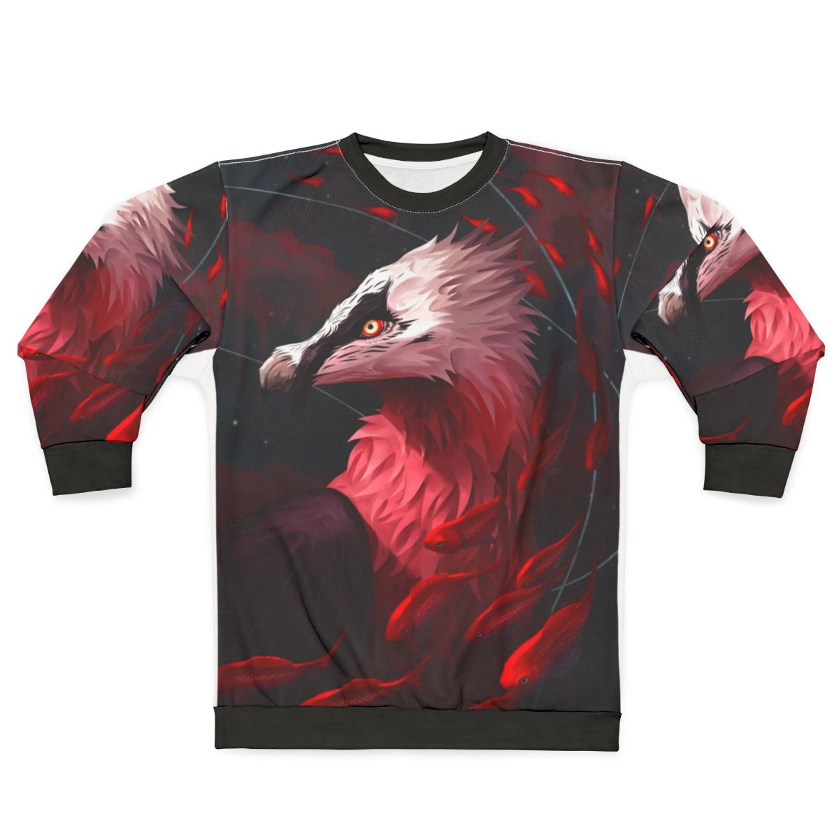 Bearded vulture and koi fish design on a grey sweatshirt