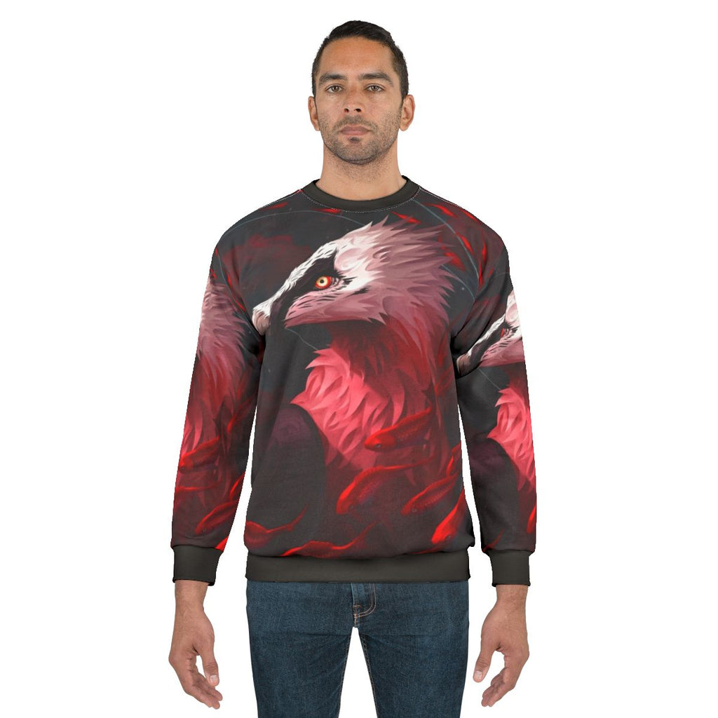 Bearded vulture and koi fish design on a grey sweatshirt