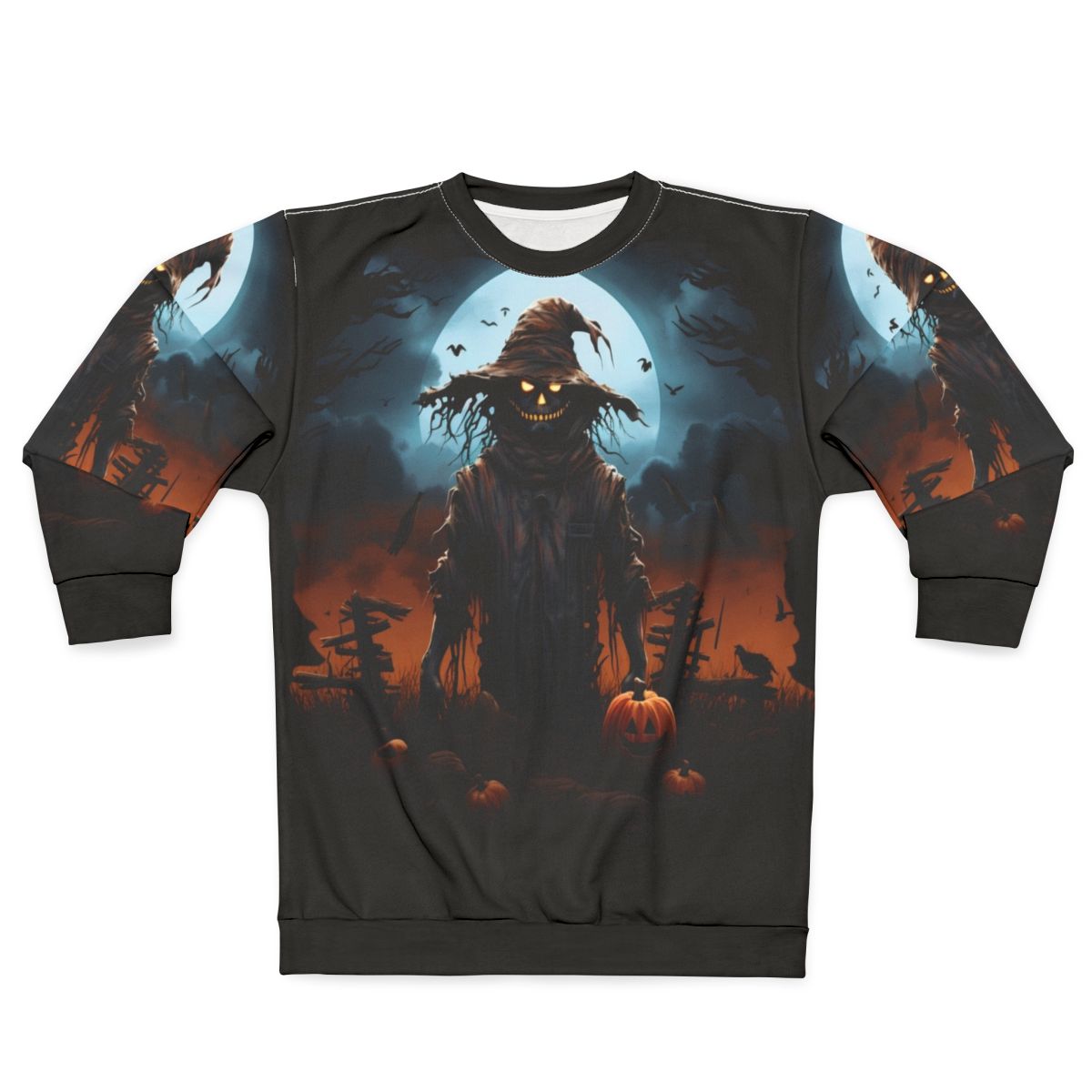 Haunting scarecrow under a full moon on a spooky Halloween night
