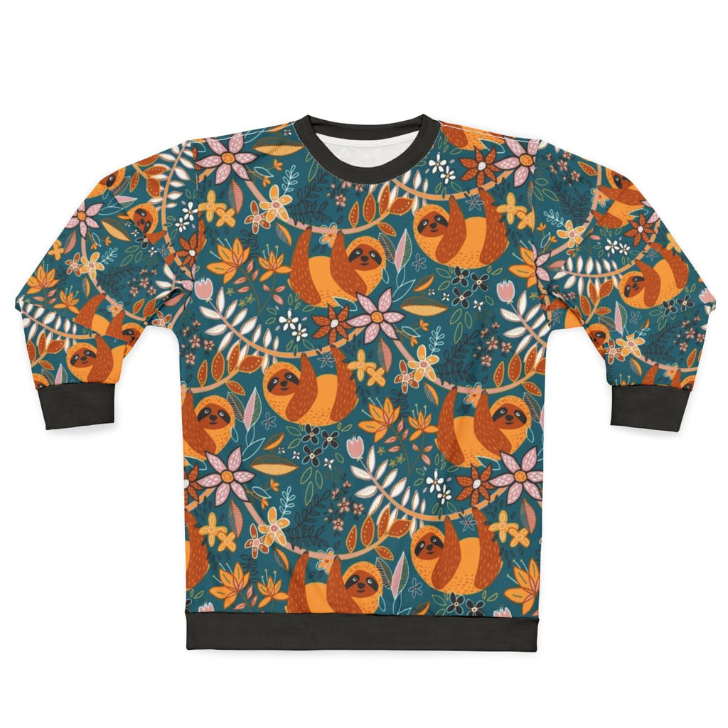 Boho floral sloth sweatshirt with teal, orange, and blush colors