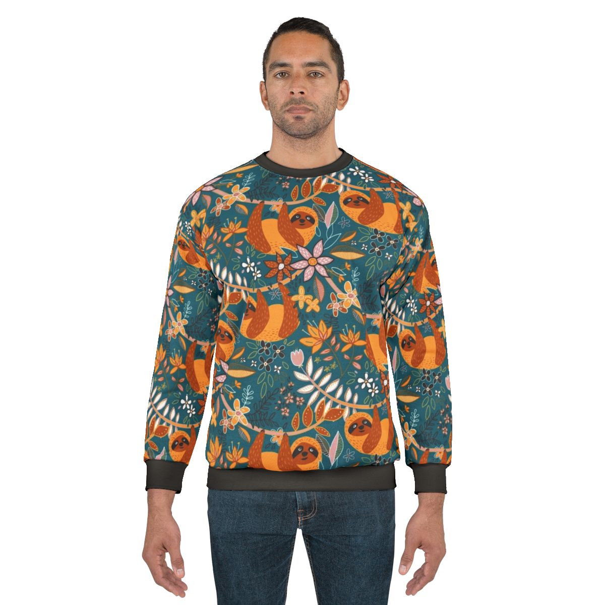 Boho floral sloth sweatshirt with teal, orange, and blush colors