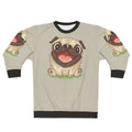 Smiling pug dog wearing a pastel pug sweatshirt