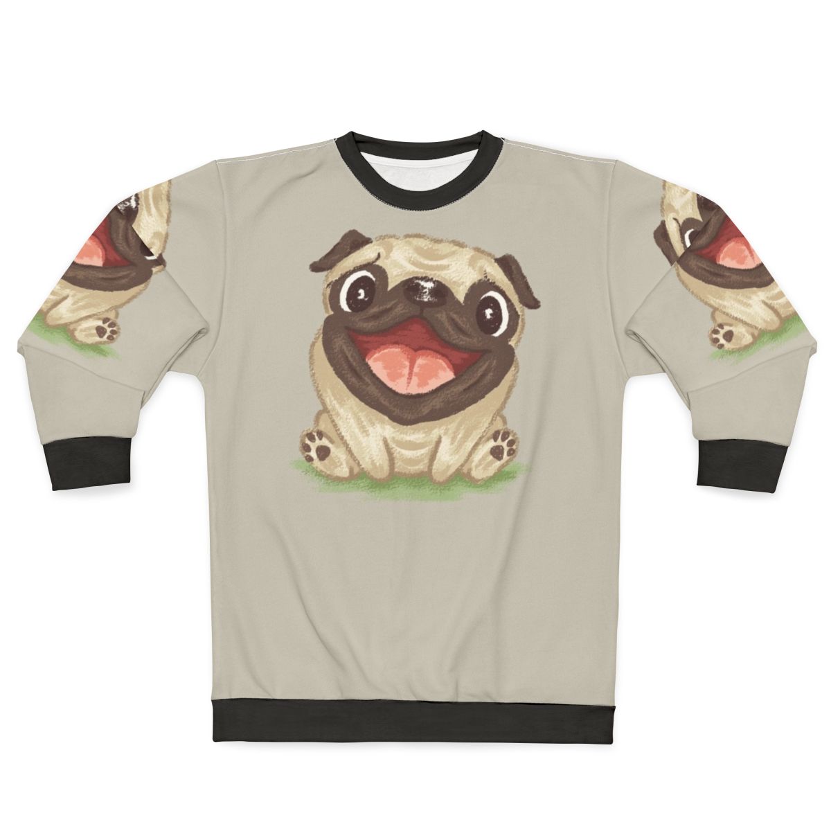 Smiling pug dog wearing a pastel pug sweatshirt