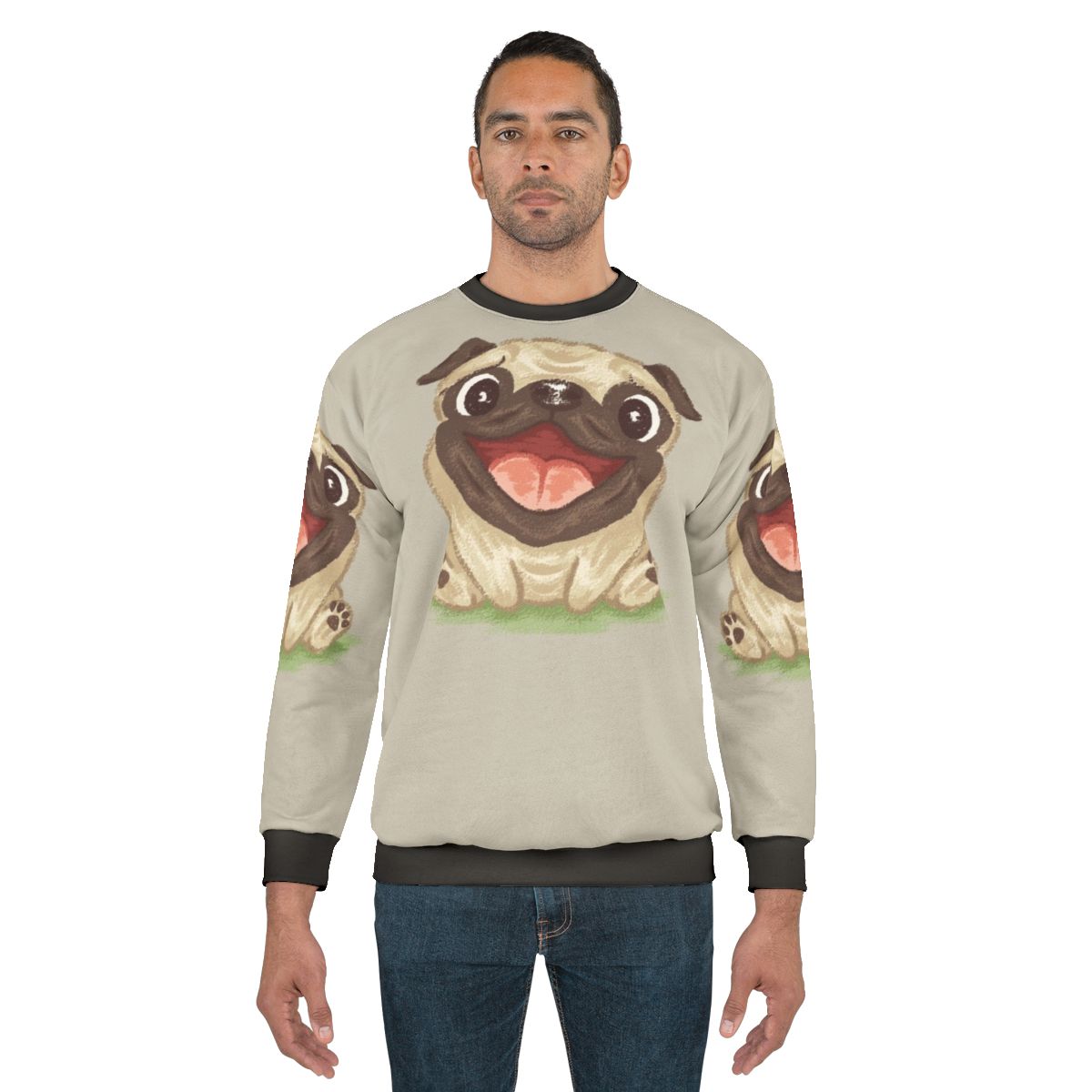 Smiling pug dog wearing a pastel pug sweatshirt