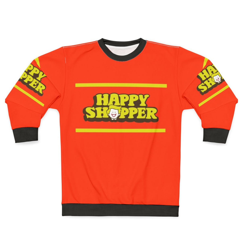 Retro "Happy Shopper" sweatshirt in orange and white typography