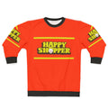 Retro "Happy Shopper" sweatshirt in orange and white typography