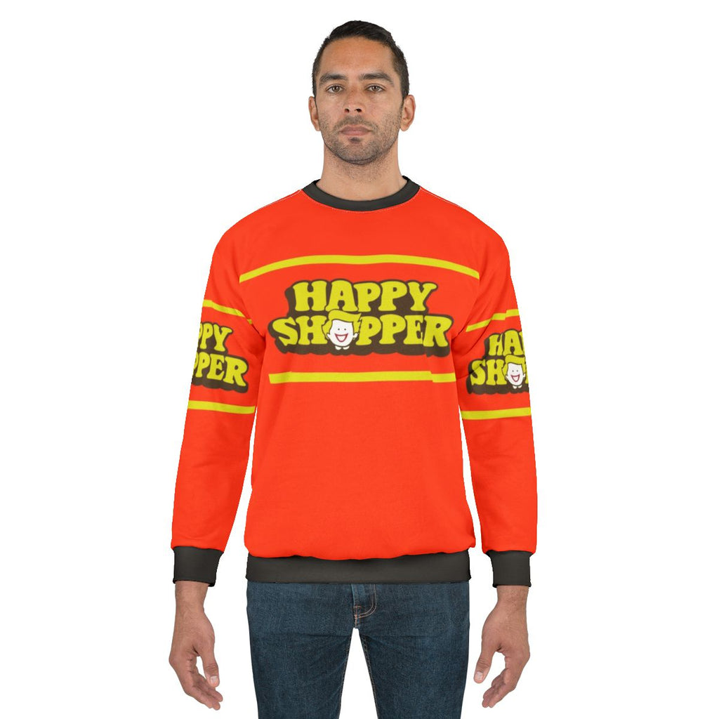 Retro "Happy Shopper" sweatshirt in orange and white typography