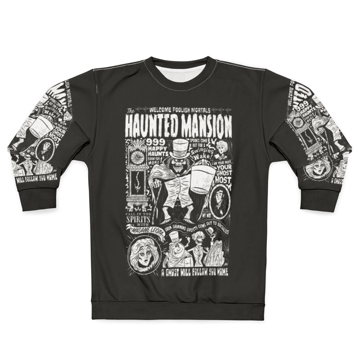 Spooky haunted mansion sweatshirt with horror theme
