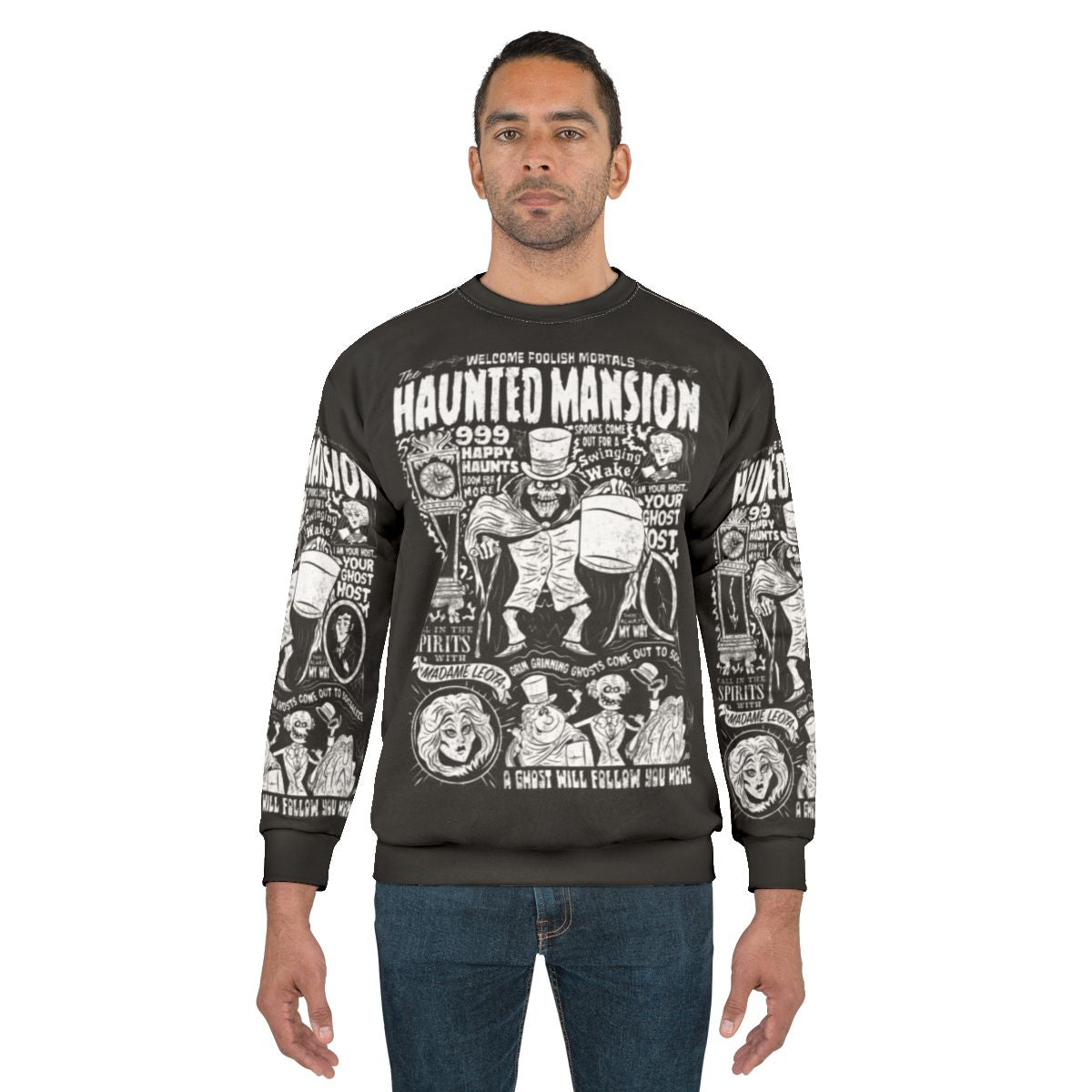 Spooky haunted mansion sweatshirt with horror theme
