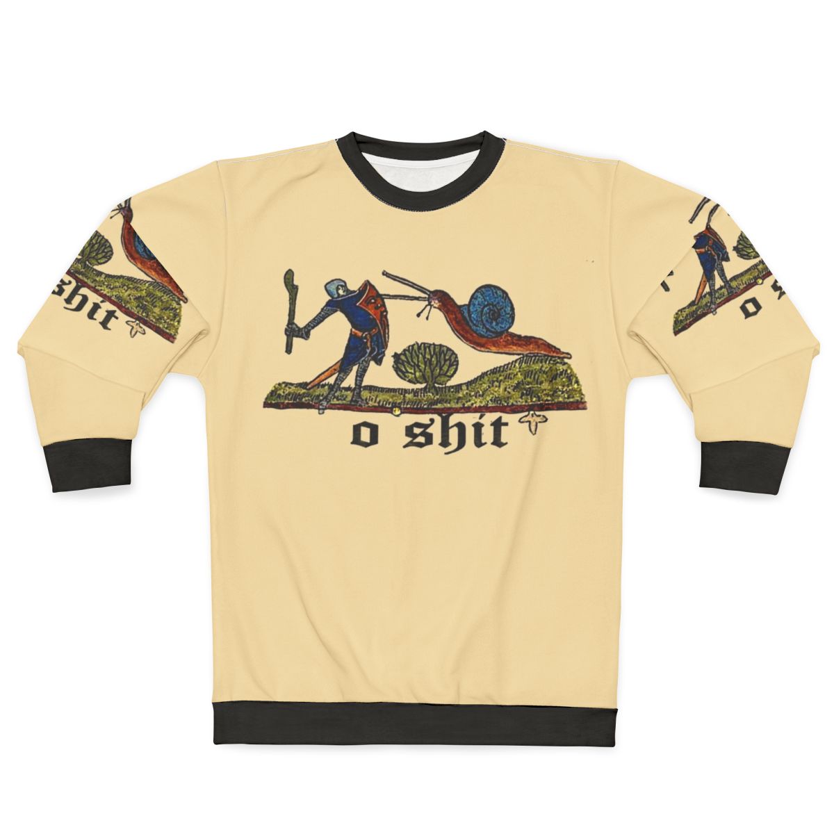 Medieval knight fighting a snail on a sweatshirt