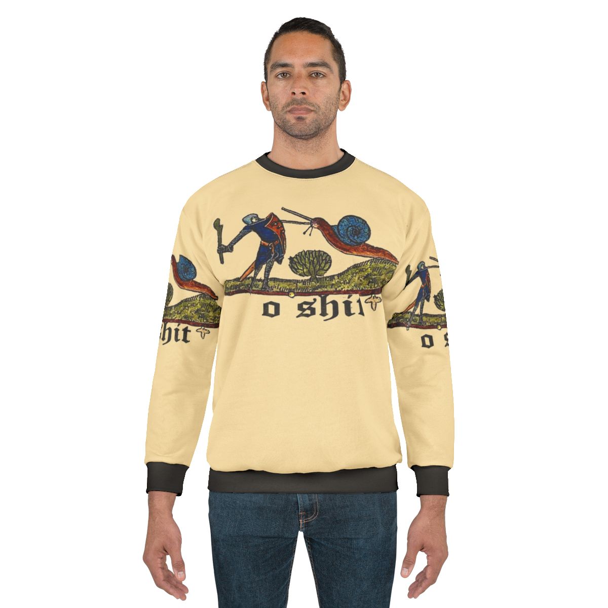 Medieval knight fighting a snail on a sweatshirt