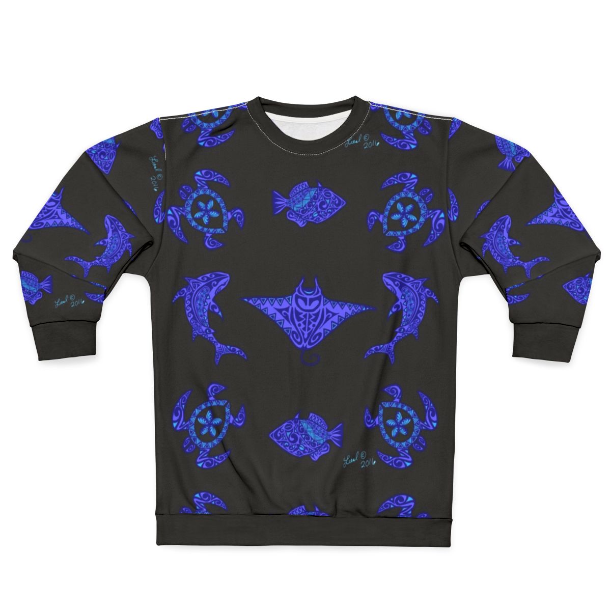 Tribal Hawaiian wildlife sweatshirt with sea turtle, ray, and shark designs