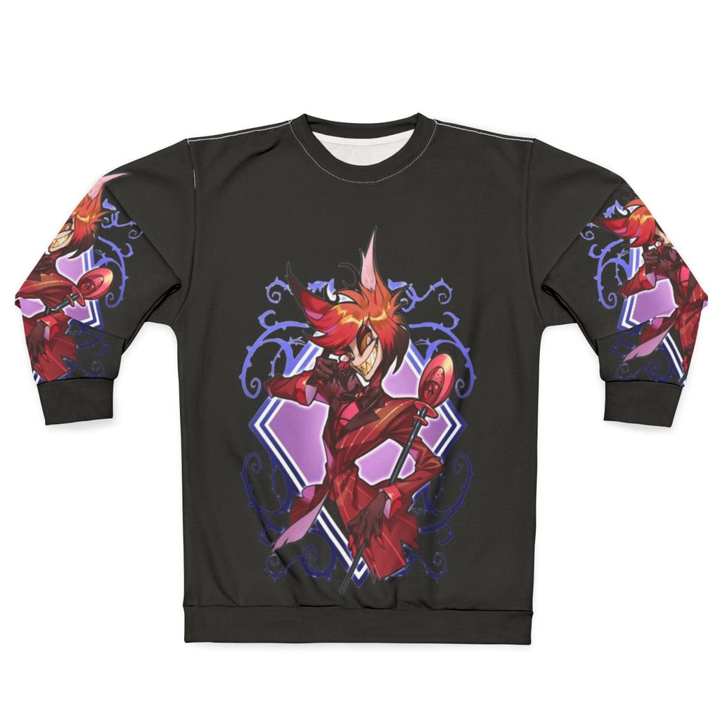 Hazbin Hotel Alastor Sweatshirt featuring chibi-style illustrations of the character