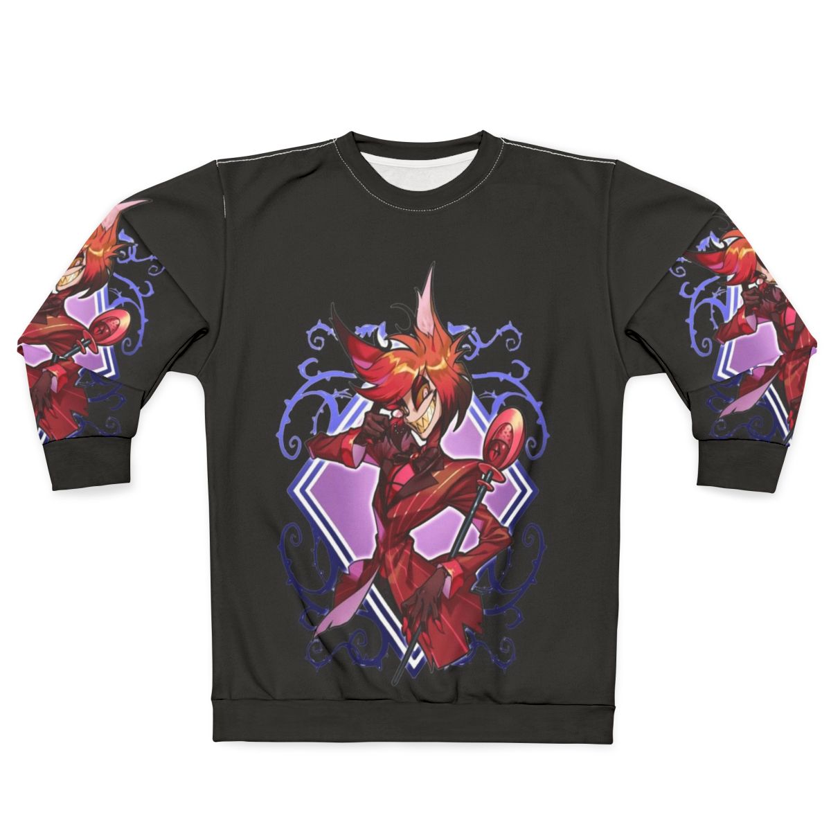 Hazbin Hotel Alastor Sweatshirt featuring chibi-style illustrations of the character