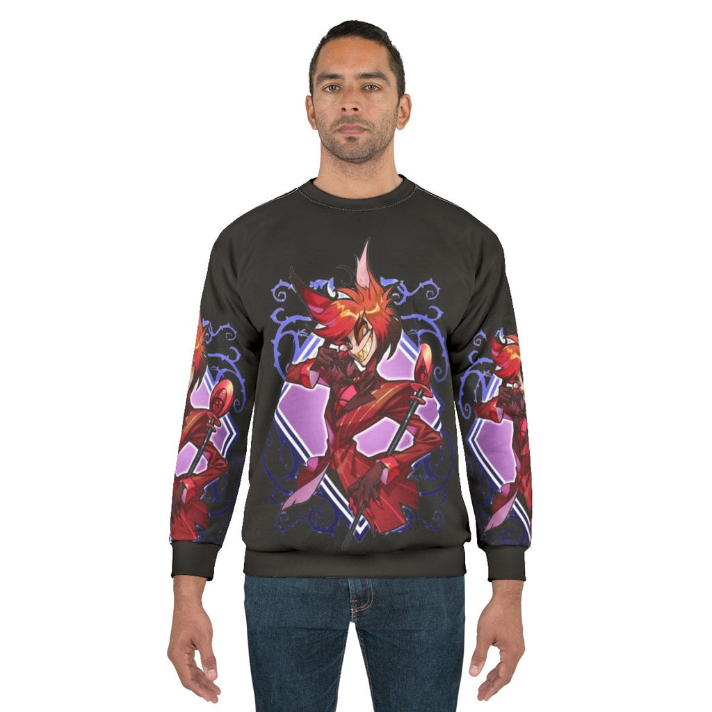 Hazbin Hotel Alastor Sweatshirt featuring chibi-style illustrations of the character