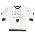 Dune-inspired sweatshirt featuring the quote "He Who Controls The Universe"