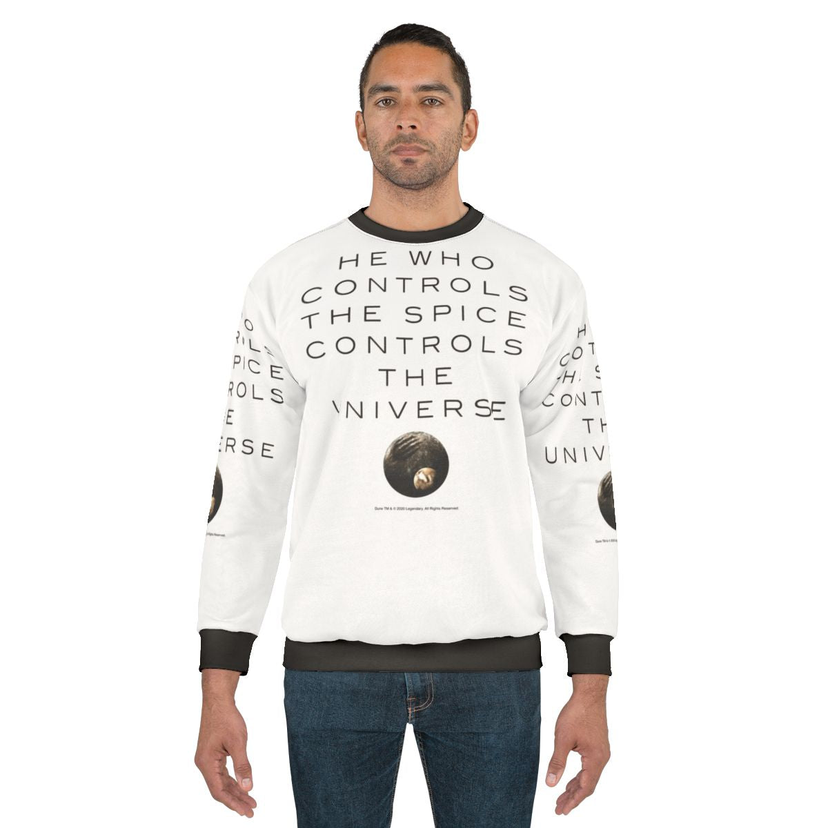 Dune-inspired sweatshirt featuring the quote "He Who Controls The Universe"