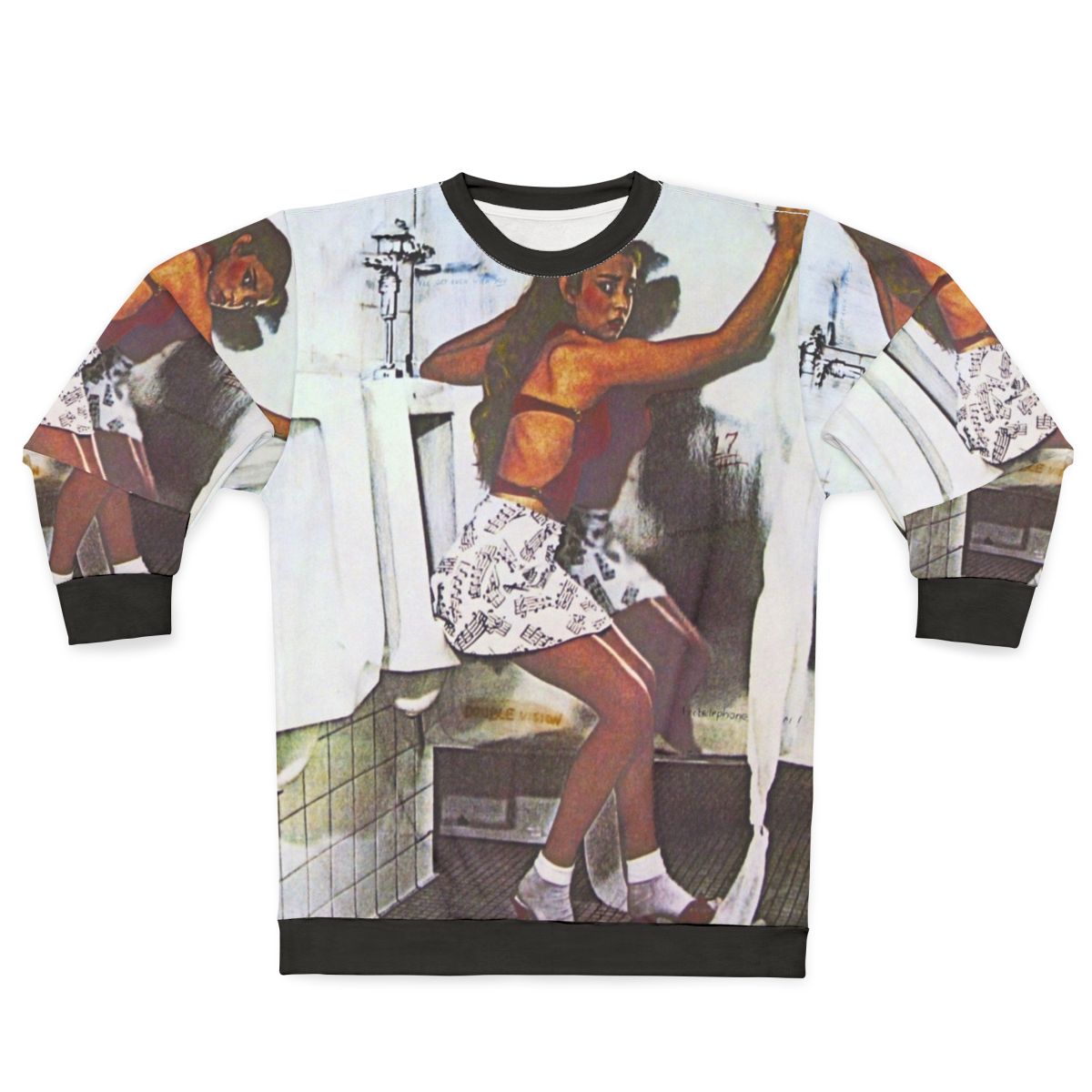 Classic rock-inspired sweatshirt design featuring a guitar icon and music album artwork