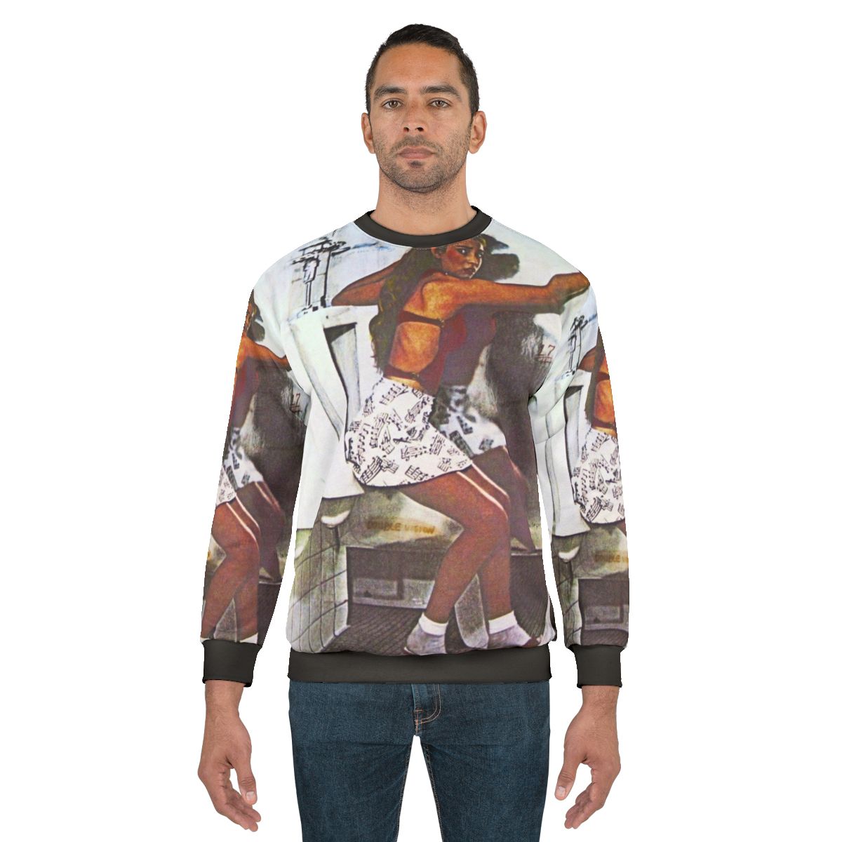 Classic rock-inspired sweatshirt design featuring a guitar icon and music album artwork