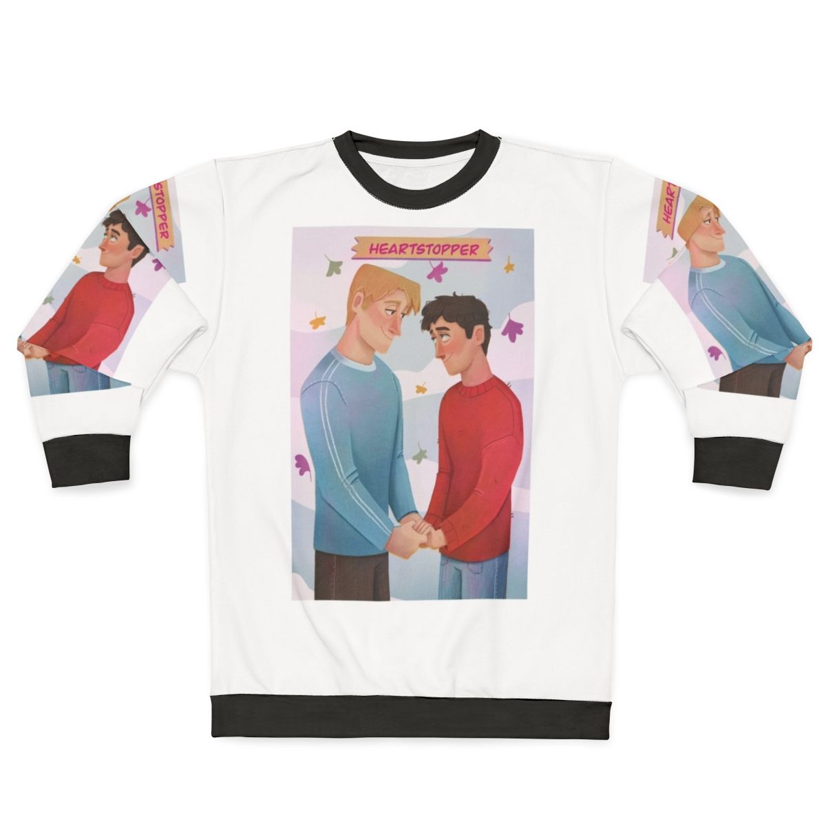 Heartstopper characters Nick Nelson and Charlie Spring illustration on a sweatshirt