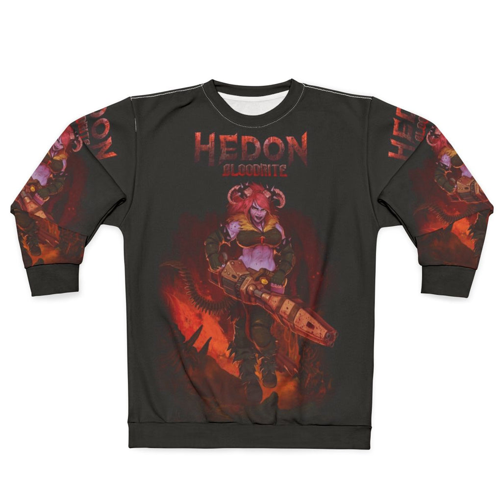 Hedon Bloodrite retro style sweatshirt with demon horns and video game art