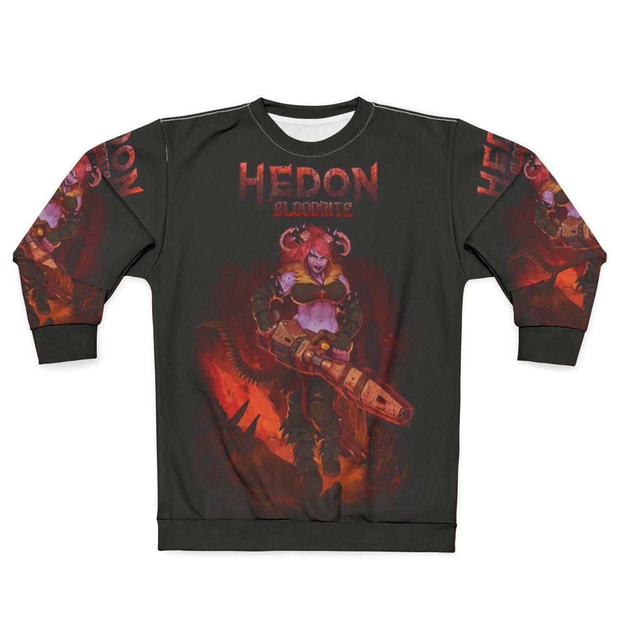 Hedon Bloodrite retro style sweatshirt with demon horns and video game art