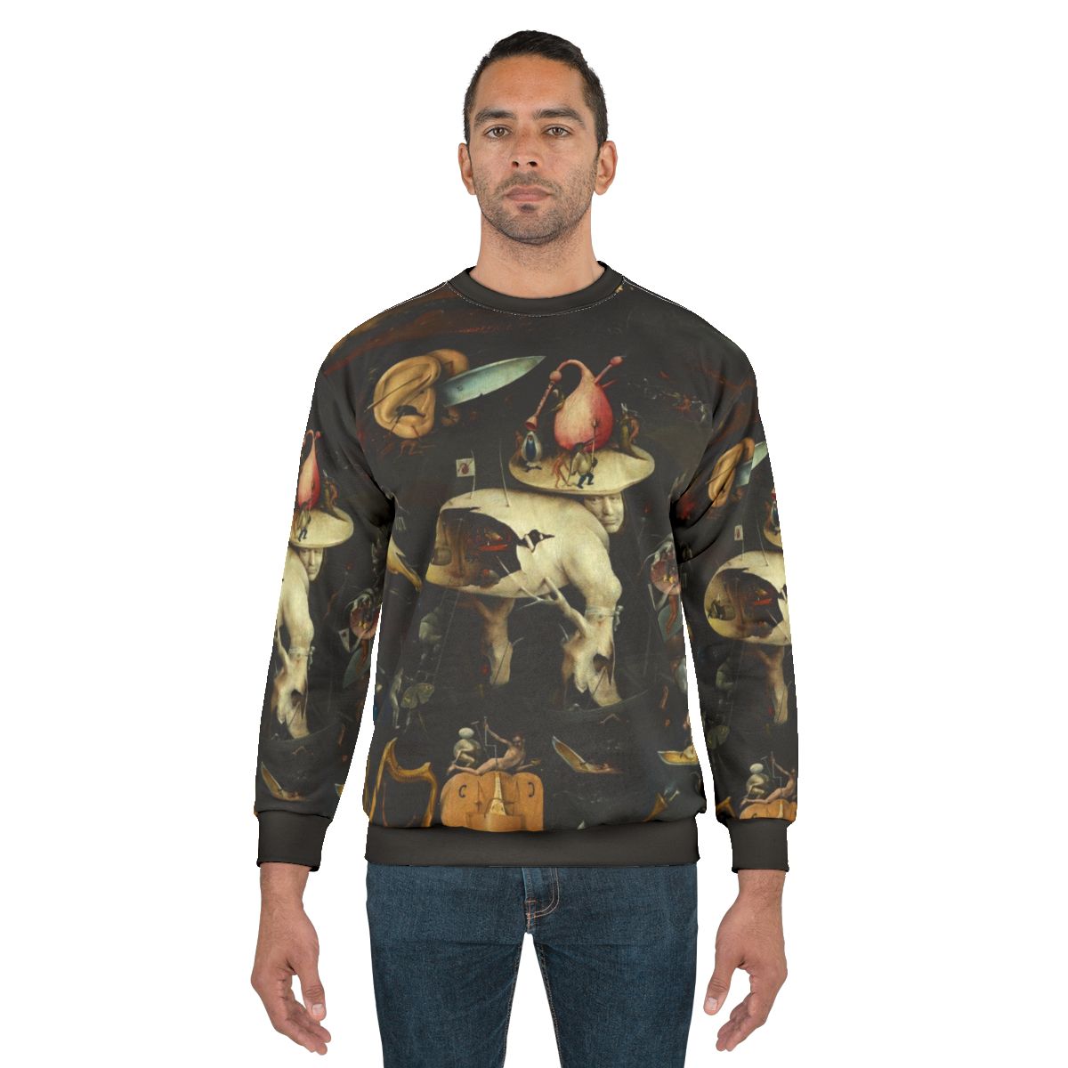 Hieronymus Bosch inspired sweatshirt featuring surreal "Hell" scene