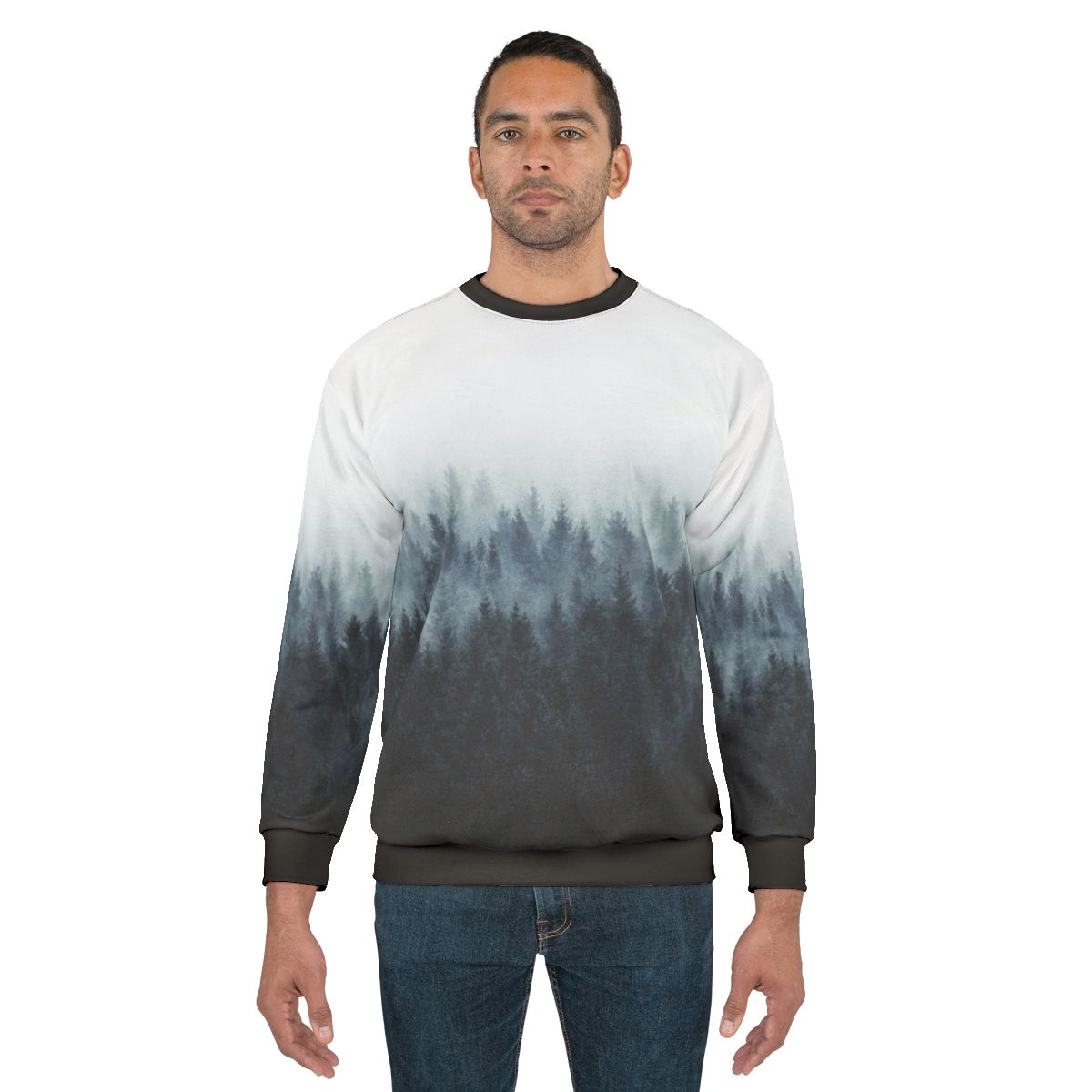 High and Low Sweatshirt with Foggy Forest Design