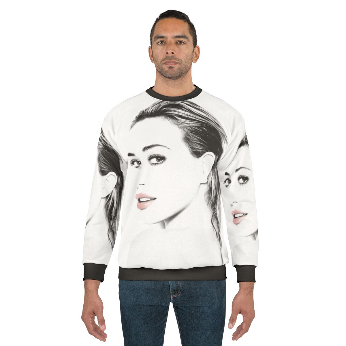 Hilary Duff wearing a gray sweatshirt with a graphic design