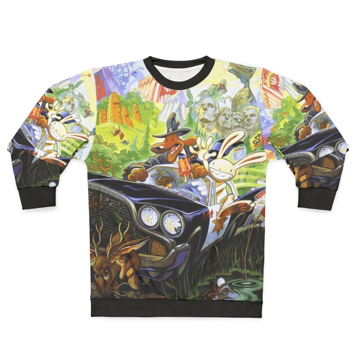 Retro gamer wearing Sam Max hit the road graphic adventure sweatshirt