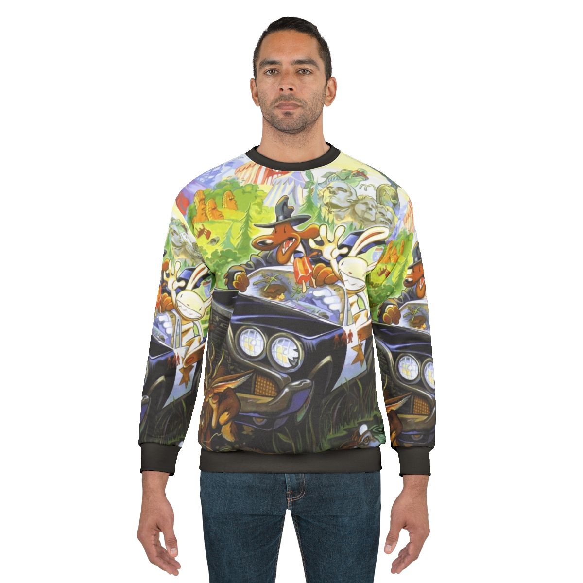 Retro gamer wearing Sam Max hit the road graphic adventure sweatshirt