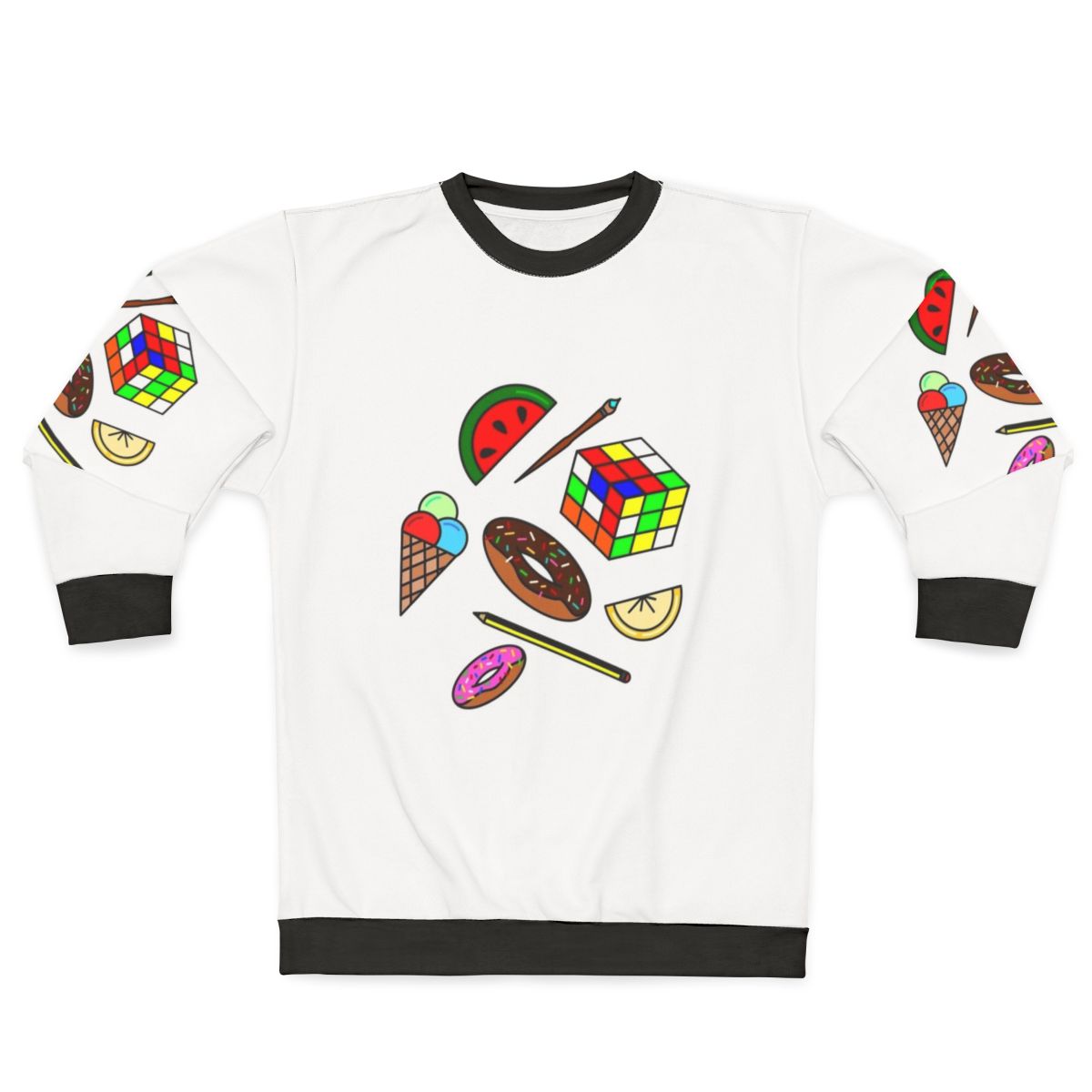 Hobbies and Food Sweatshirt with Colorful Pattern and Doodle Designs