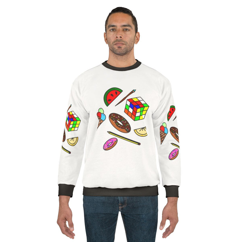 Hobbies and Food Sweatshirt with Colorful Pattern and Doodle Designs