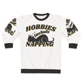 Person wearing a cozy "Hobbies Include Napping" sweatshirt