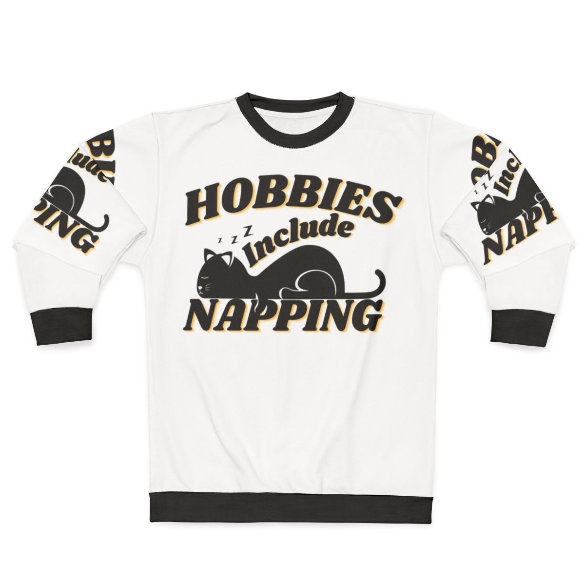 Person wearing a cozy "Hobbies Include Napping" sweatshirt