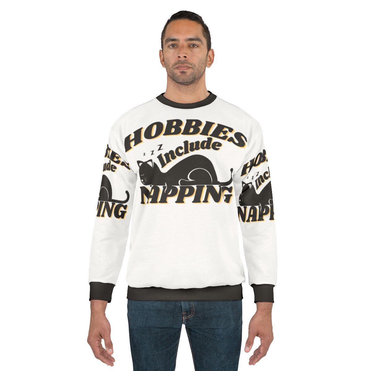 Person wearing a cozy "Hobbies Include Napping" sweatshirt
