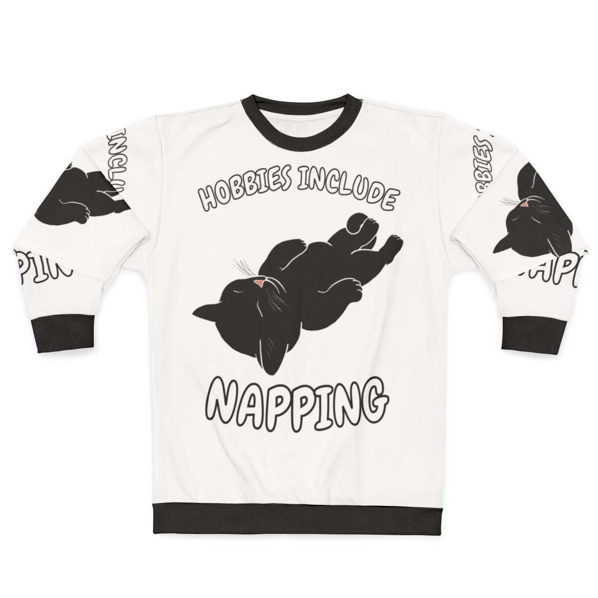 A black cat sweatshirt with the text "Hobbies Include Napping"