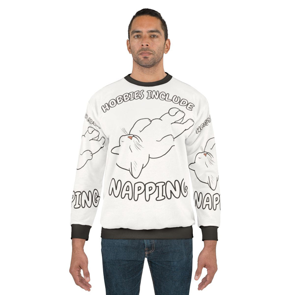 Napping hobbies white cat sweatshirt