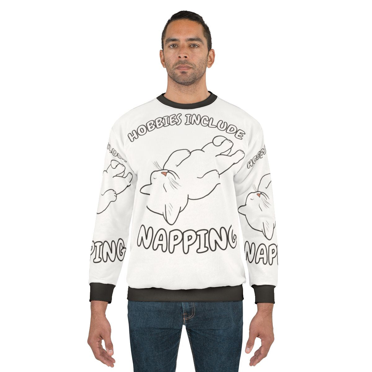 Napping hobbies white cat sweatshirt