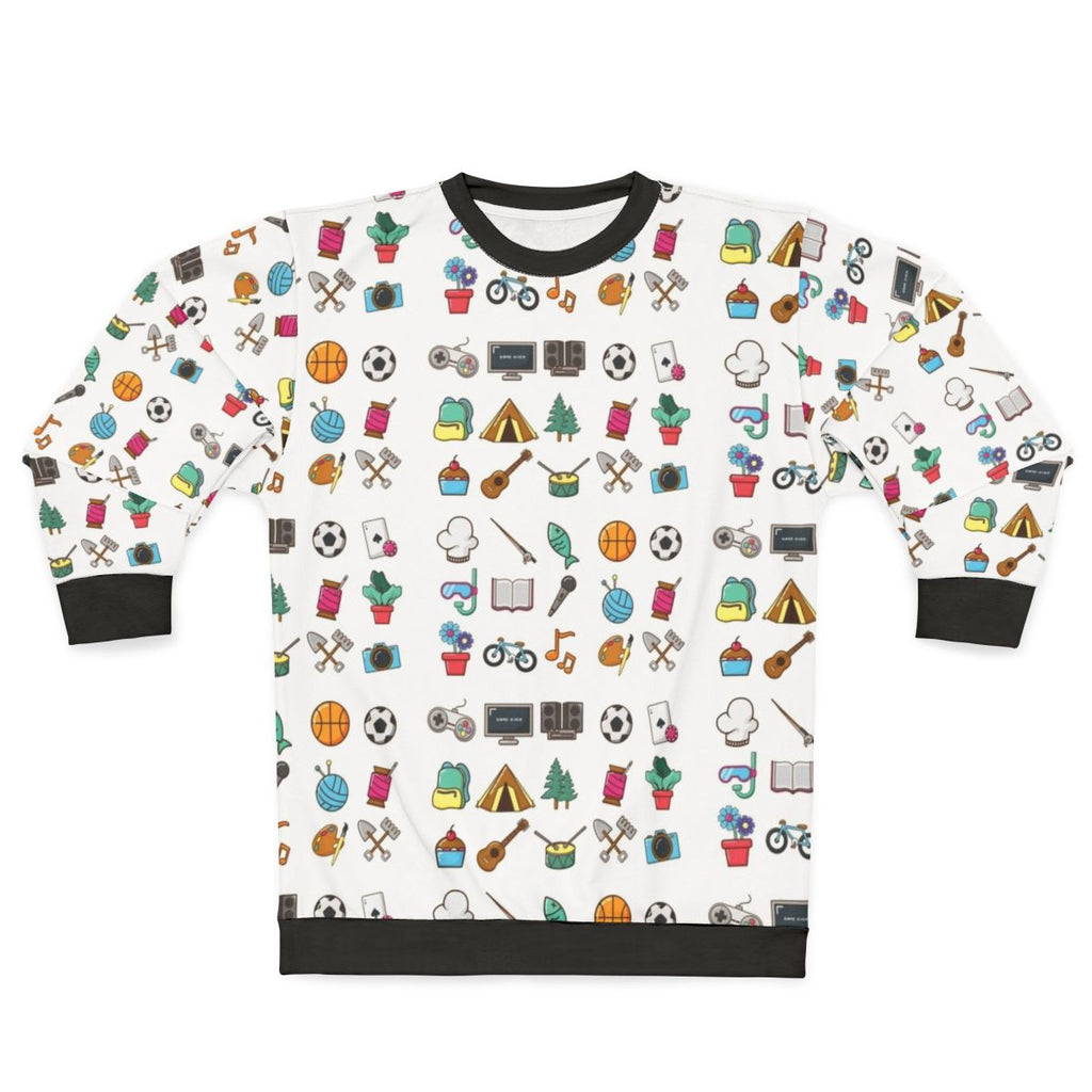 Hobbies Sticker Pack Sweatshirt featuring various hobby icons