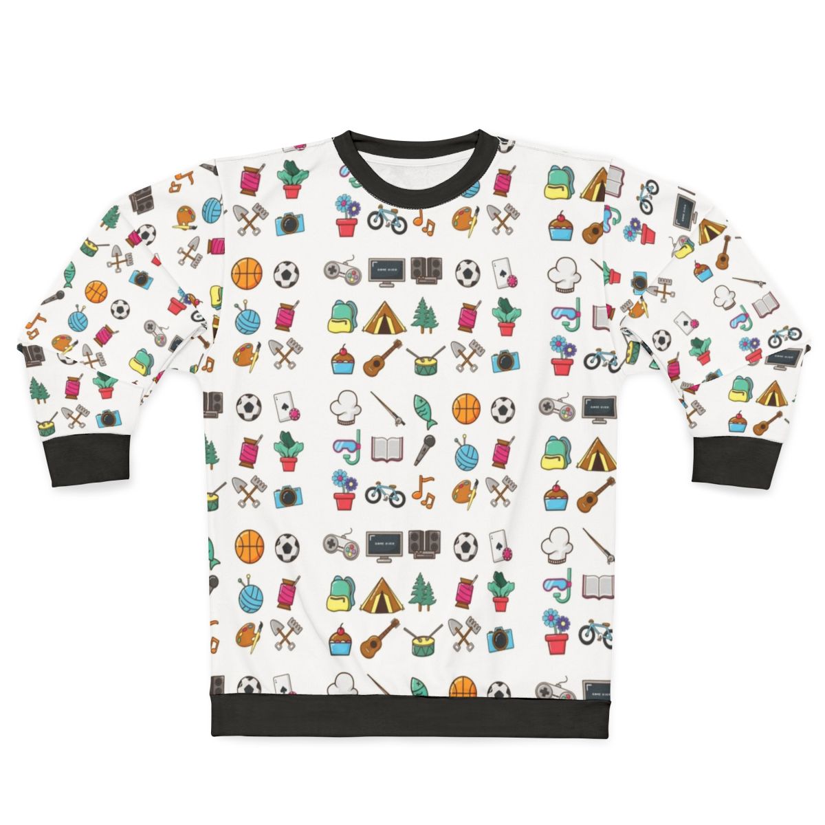 Hobbies Sticker Pack Sweatshirt featuring various hobby icons