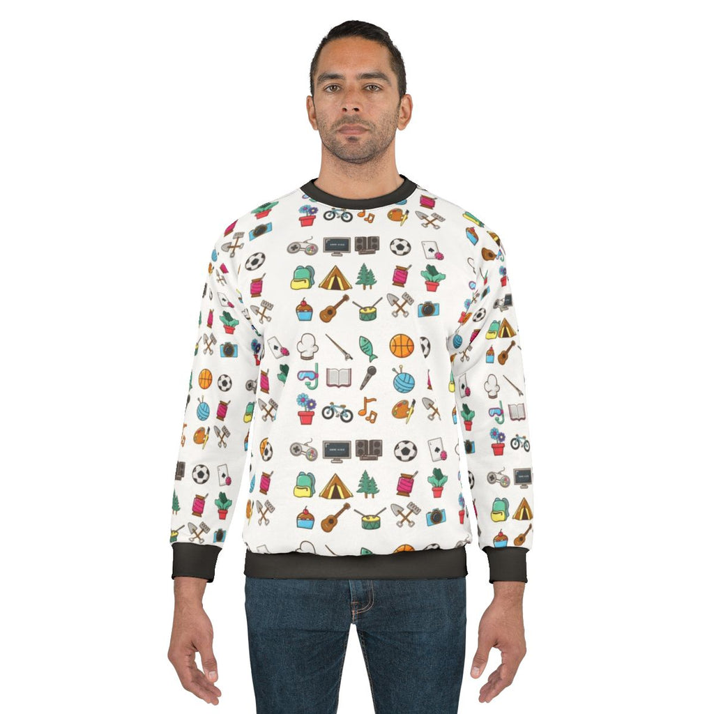 Hobbies Sticker Pack Sweatshirt featuring various hobby icons
