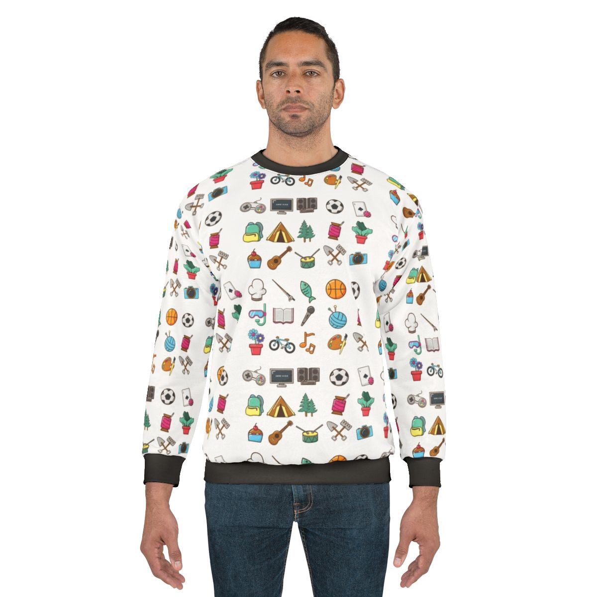 Hobbies Sticker Pack Sweatshirt featuring various hobby icons