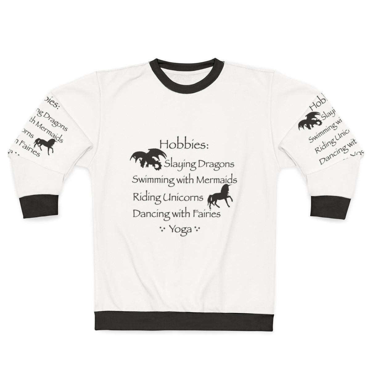 Magical hobbies sweatshirt featuring fantasy elements like dragons, mermaids, and fairies