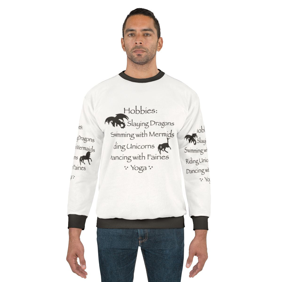Magical hobbies sweatshirt featuring fantasy elements like dragons, mermaids, and fairies